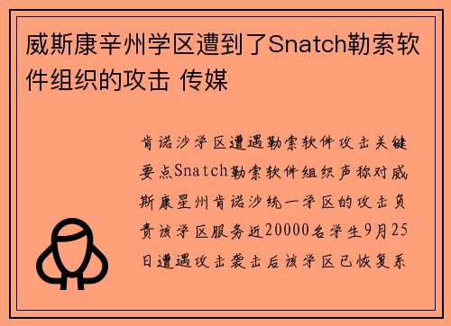 威斯康辛州学区遭到了Snatch勒索软件组织的攻击 传媒
